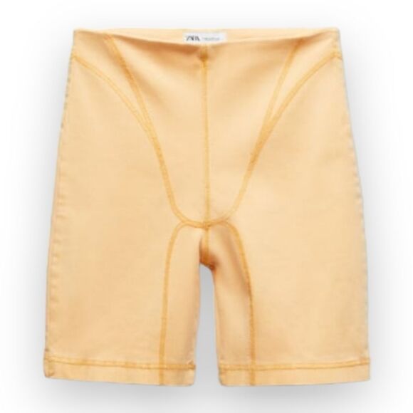 Zara Orange Denim High Rise Bike Shorts Tonal Seams US XS - Picture 6 of 9